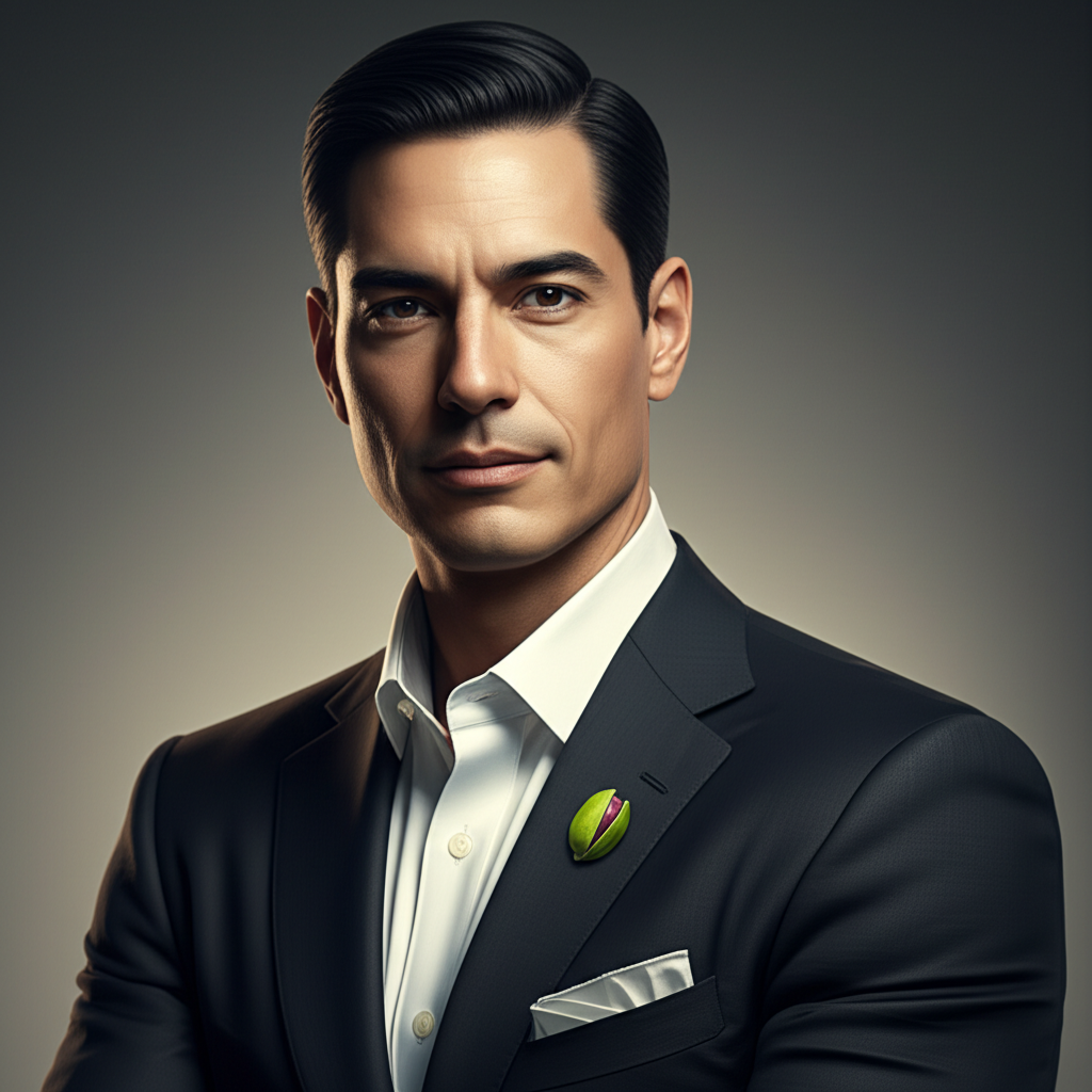 Vinnie Espistachio portrait — athletic build, olive skin, pistachio-inspired classic style