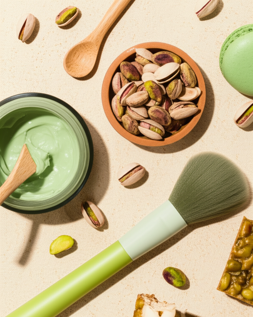 Pistachio beauty and food flatlay